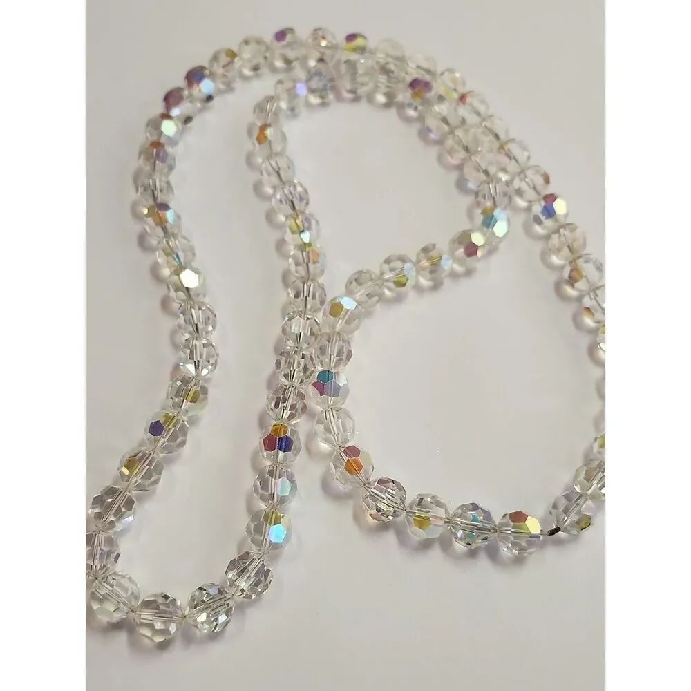 Crystal Aurora Bead Necklace - Clear Iridescent 34" Length